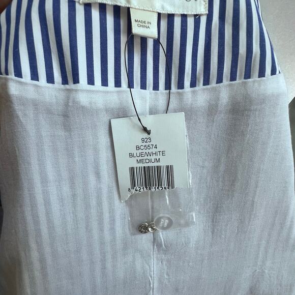 J.O.A Blue White Striped Tie Blouse Puff Sleeve Button Up Minimalist Women's M - Picture 6 of 9